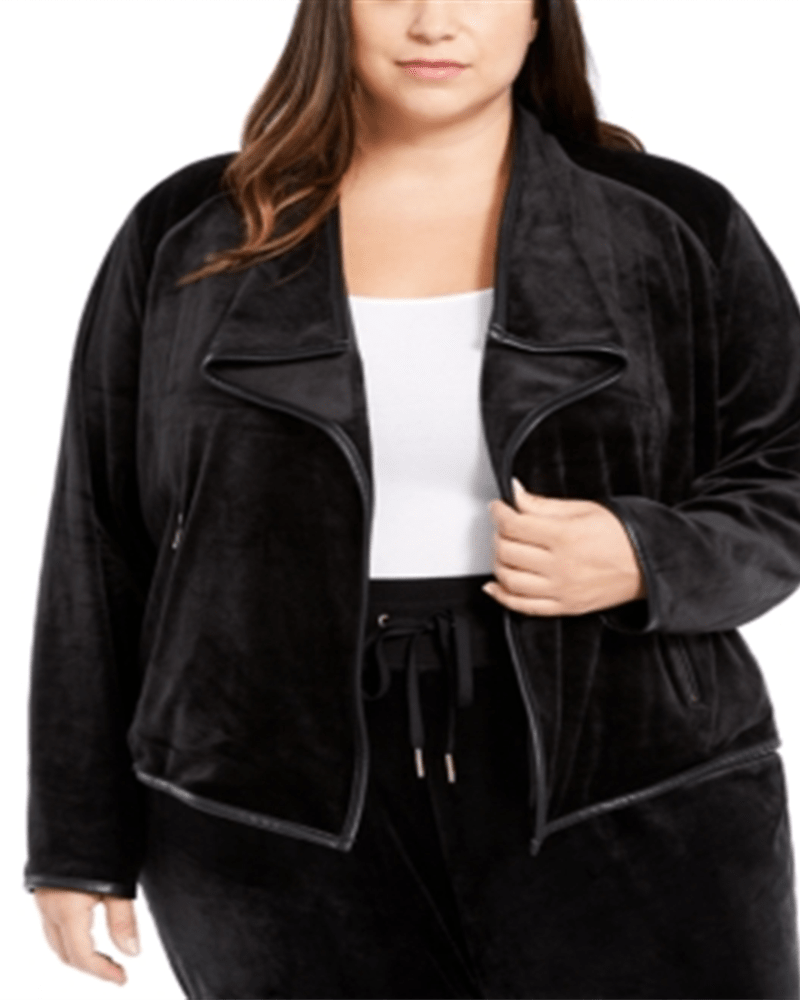 Front of a model wearing a size 3XL Calvin Klein Womens Plus Velvet Flyaway Jacket Black Size 3XL in Black by Calvin Klein. | dia_product_style_image_id:314602